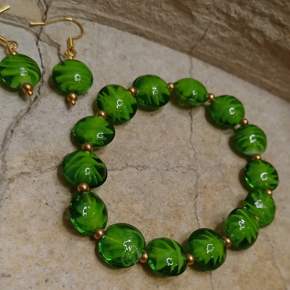 Green Millefiori Glass Beaded Bracelet and Earring Set